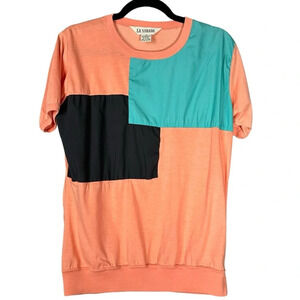 La Strada Size Medium Color Block Top Vintage Peach Teal Jersey Short Sleeve 80s